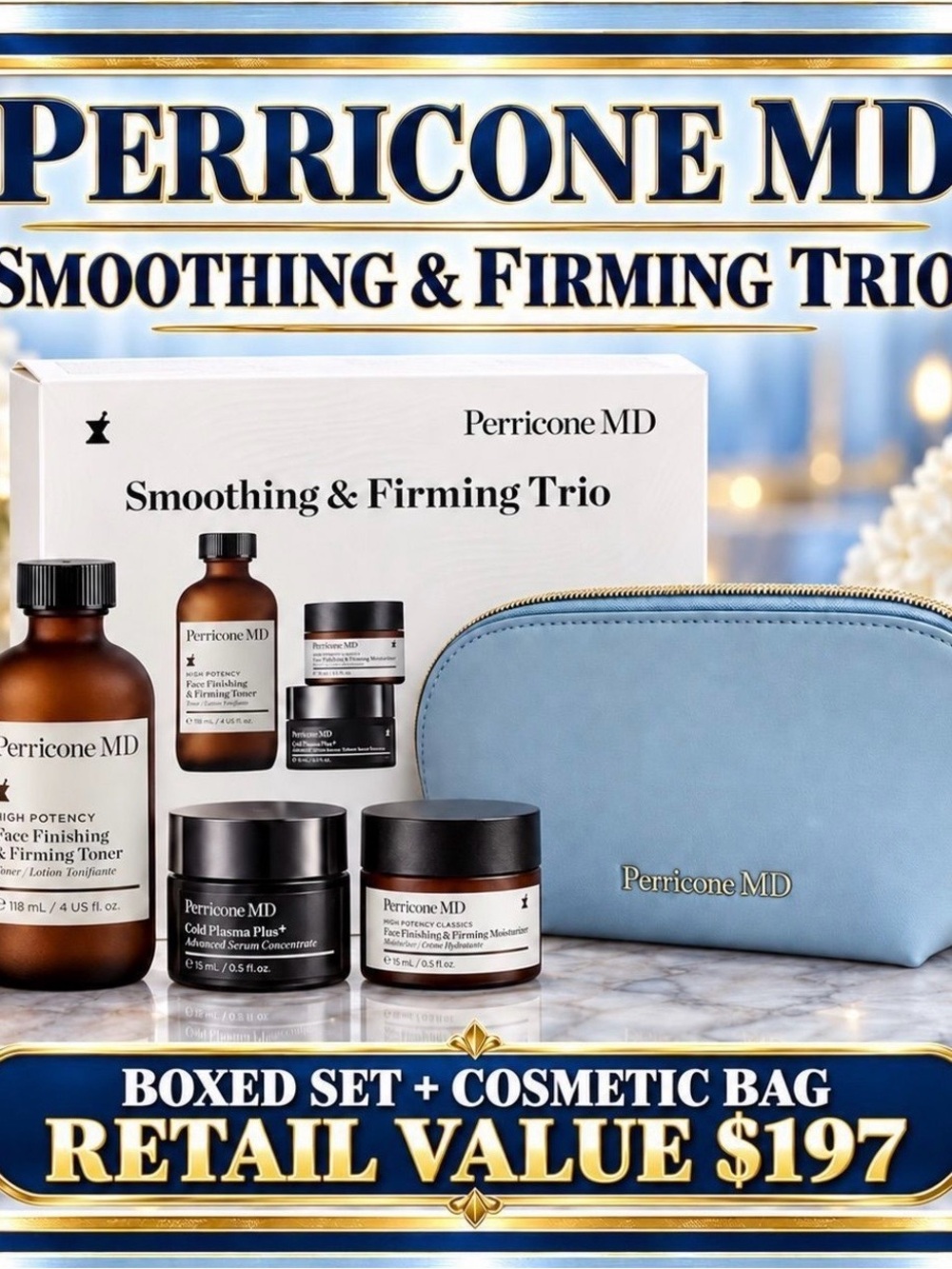 Perricone MD skincare set with light blue cosmetic bag